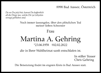 Traueranzeige von Martina A. Gehring von Stuttgarter Zeitung / Stuttgarter Nachrichten