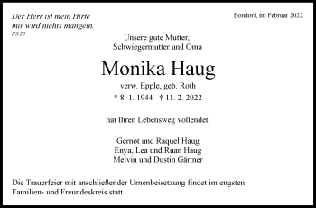 Traueranzeige von Monika Haug von Stuttgarter Zeitung / Stuttgarter Nachrichten