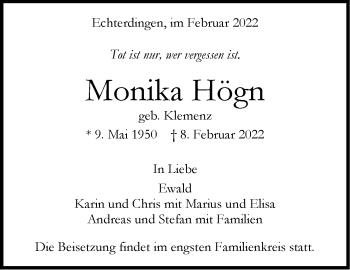 Traueranzeige von Monika Högn von Stuttgarter Zeitung / Stuttgarter Nachrichten