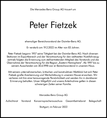 Traueranzeige von Peter Fietzek von Stuttgarter Zeitung / Stuttgarter Nachrichten