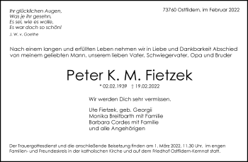 Traueranzeige von Peter K. M. Fietzek von Stuttgarter Zeitung / Stuttgarter Nachrichten