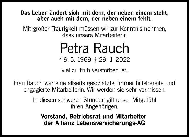  Traueranzeige für Petra Rauch vom 15.02.2022 aus Stuttgarter Zeitung / Stuttgarter Nachrichten