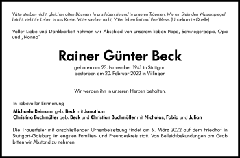 Traueranzeige von Rainer Günter Beck von Stuttgarter Zeitung / Stuttgarter Nachrichten