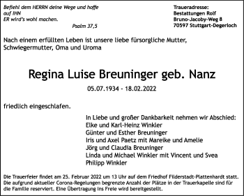 Traueranzeige von Regina Luise Breuninger von Stuttgarter Zeitung / Stuttgarter Nachrichten