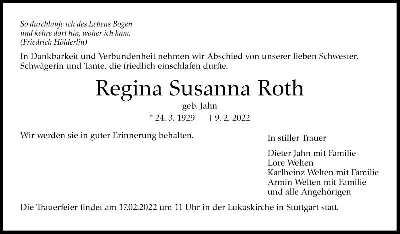  Traueranzeige für Regina Susanna Roth vom 15.02.2022 aus Stuttgarter Zeitung / Stuttgarter Nachrichten