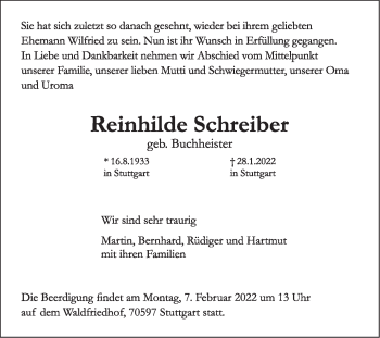 Traueranzeige von Reinhilde Schreiber von Stuttgarter Zeitung / Stuttgarter Nachrichten