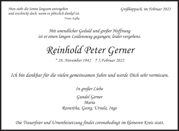 Traueranzeige von Reinhold Peter Gerner von Stuttgarter Zeitung / Stuttgarter Nachrichten
