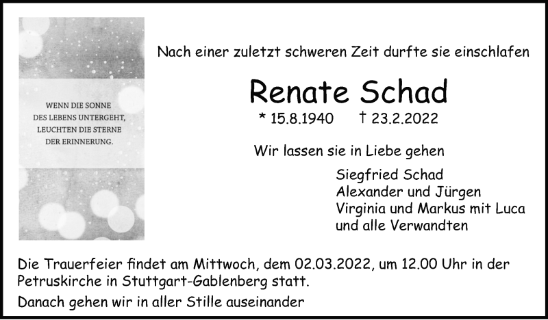  Traueranzeige für Renate Schad vom 26.02.2022 aus Stuttgarter Zeitung / Stuttgarter Nachrichten