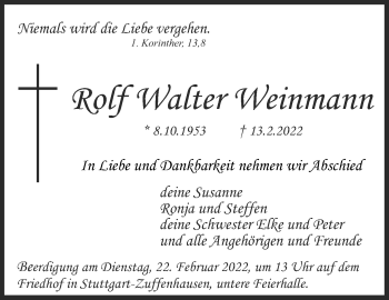 Traueranzeige von Rolf Walter Weinmann von Stuttgarter Zeitung / Stuttgarter Nachrichten