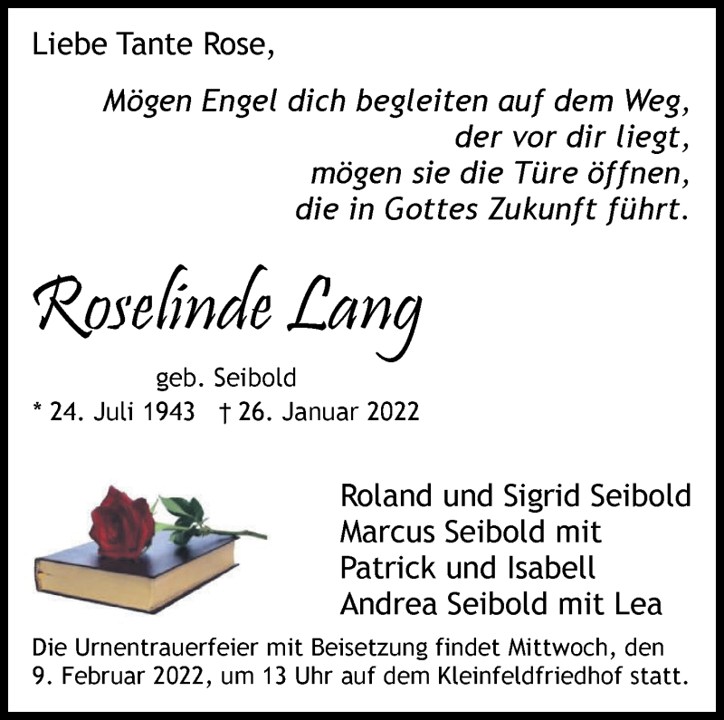  Traueranzeige für Roselinde Lang vom 02.02.2022 aus Stuttgarter Zeitung / Stuttgarter Nachrichten