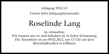 Traueranzeige von Roselinde Lang von Stuttgarter Zeitung / Stuttgarter Nachrichten