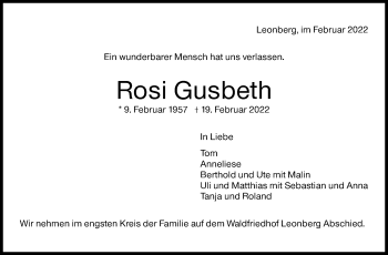Traueranzeige von Rosi Gusbeth von Stuttgarter Zeitung / Stuttgarter Nachrichten