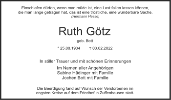 Traueranzeige von Ruth Götz von Stuttgarter Zeitung / Stuttgarter Nachrichten