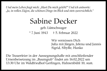 Traueranzeige von Sabine Decker von Stuttgarter Zeitung / Stuttgarter Nachrichten