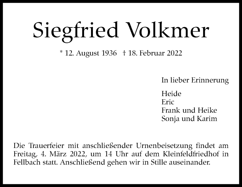  Traueranzeige für Siegfried Volkmer vom 26.02.2022 aus Stuttgarter Zeitung / Stuttgarter Nachrichten