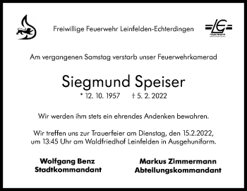 Traueranzeige von Siegmund Speiser von Stuttgarter Zeitung / Stuttgarter Nachrichten