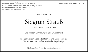 Traueranzeige von Siegrun Strauß von Stuttgarter Zeitung / Stuttgarter Nachrichten
