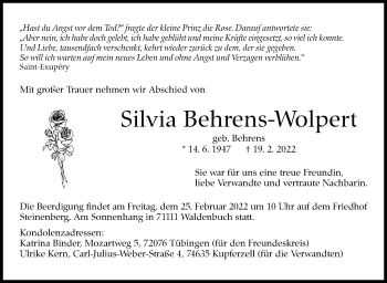 Traueranzeige von Silvia Behrens-Wolpert von Stuttgarter Zeitung / Stuttgarter Nachrichten