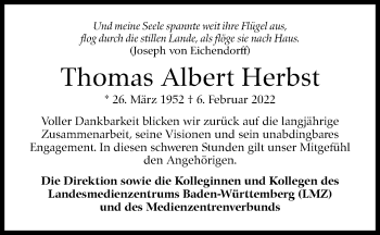 Traueranzeige von Thomas Albert Herbst von Stuttgarter Zeitung / Stuttgarter Nachrichten