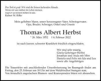 Traueranzeige von Thomas Albert Herbst von Stuttgarter Zeitung / Stuttgarter Nachrichten