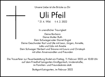 Traueranzeige von Uli Pfeil von Stuttgarter Zeitung / Stuttgarter Nachrichten