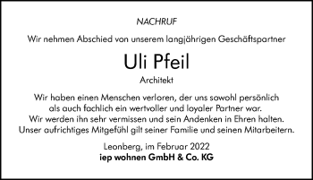 Traueranzeige von Uli Pfeil von Stuttgarter Zeitung / Stuttgarter Nachrichten