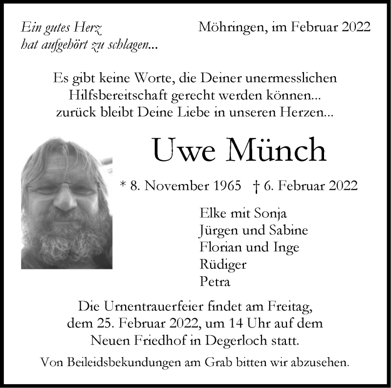  Traueranzeige für Uwe Münch vom 21.02.2022 aus Stuttgarter Zeitung / Stuttgarter Nachrichten