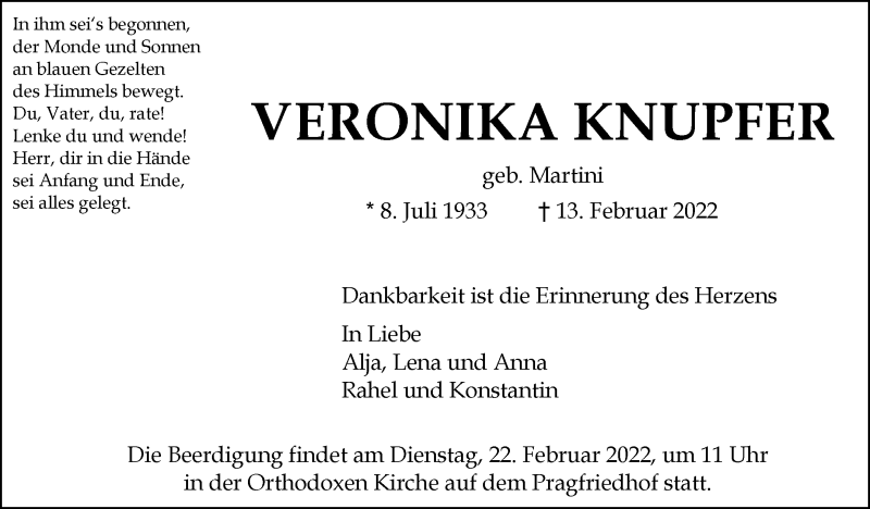  Traueranzeige für Veronika Knupfer vom 17.02.2022 aus Stuttgarter Zeitung / Stuttgarter Nachrichten