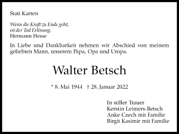 Traueranzeige von Walter Betsch von Stuttgarter Zeitung / Stuttgarter Nachrichten