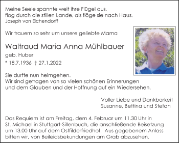 Traueranzeige von Waltraud  Mühlbauer von Stuttgarter Zeitung / Stuttgarter Nachrichten