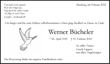 Traueranzeige von Werner Bücheler von Stuttgarter Zeitung / Stuttgarter Nachrichten