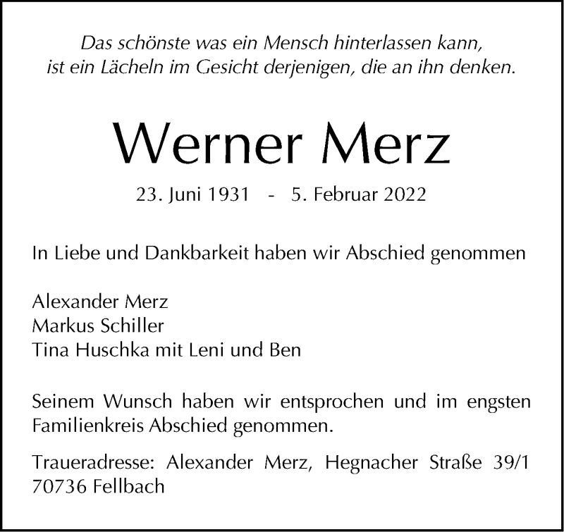  Traueranzeige für Werner Merz vom 19.02.2022 aus Stuttgarter Zeitung / Stuttgarter Nachrichten