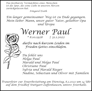 Traueranzeige von Werner Paul von Stuttgarter Zeitung / Stuttgarter Nachrichten