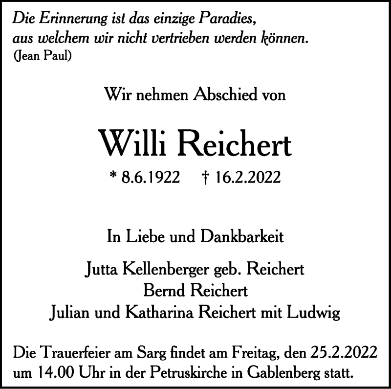  Traueranzeige für Willi Reichert vom 23.02.2022 aus Stuttgarter Zeitung / Stuttgarter Nachrichten