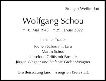 Traueranzeige von Wolfgang Schou von Stuttgarter Zeitung / Stuttgarter Nachrichten