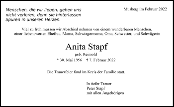 Traueranzeige von Anita Stapf von Stuttgarter Zeitung / Stuttgarter Nachrichten