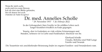 Traueranzeige von Annelies Scholle von Stuttgarter Zeitung / Stuttgarter Nachrichten