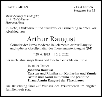 Traueranzeige von Arthur Raugust von Stuttgarter Zeitung / Stuttgarter Nachrichten