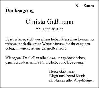 Traueranzeige von Christa Gaßmann von Stuttgarter Zeitung / Stuttgarter Nachrichten
