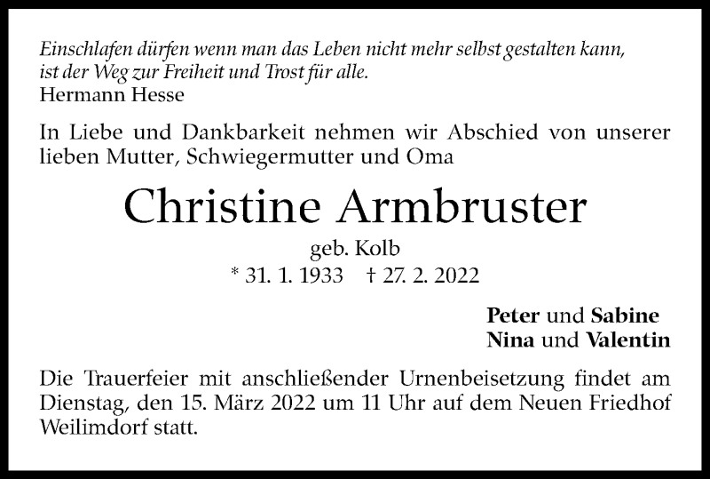  Traueranzeige für Christine Armbruster vom 10.03.2022 aus Stuttgarter Zeitung / Stuttgarter Nachrichten