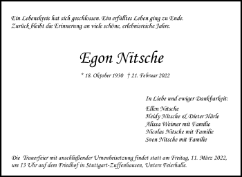 Traueranzeige von Egon Nitsche von Stuttgarter Zeitung / Stuttgarter Nachrichten