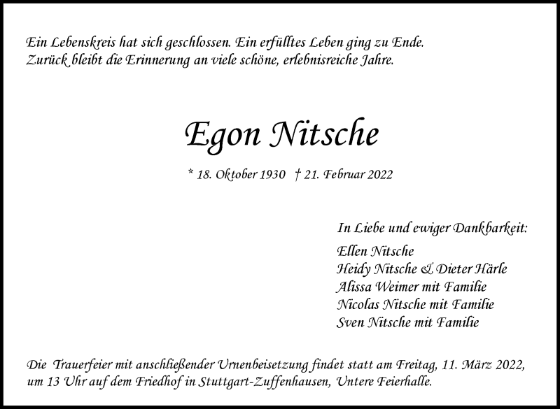  Traueranzeige für Egon Nitsche vom 05.03.2022 aus Stuttgarter Zeitung / Stuttgarter Nachrichten