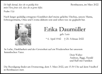 Traueranzeige von Erika Daumüller von Stuttgarter Zeitung / Stuttgarter Nachrichten
