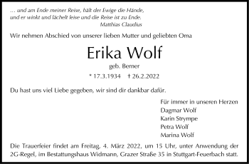 Traueranzeige von Erika Wolf von Stuttgarter Zeitung / Stuttgarter Nachrichten