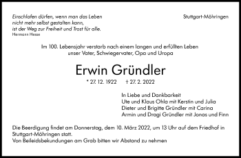 Traueranzeige von Erwin Gründler von Stuttgarter Zeitung / Stuttgarter Nachrichten