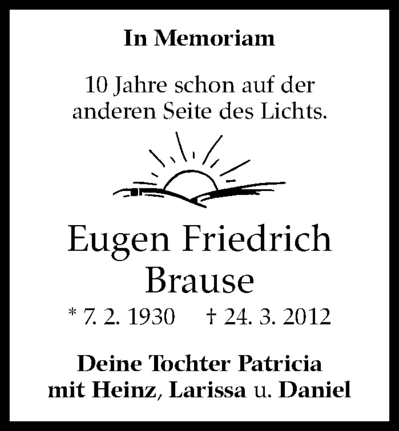  Traueranzeige für Eugen Friedrich Brause  vom 24.03.2022 aus Stuttgarter Zeitung / Stuttgarter Nachrichten