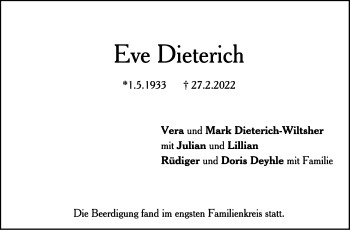 Traueranzeige von Eve Dieterich von Stuttgarter Zeitung / Stuttgarter Nachrichten