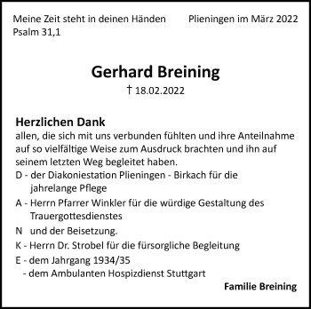 Traueranzeige von Gerhard Breining von Stuttgarter Zeitung / Stuttgarter Nachrichten
