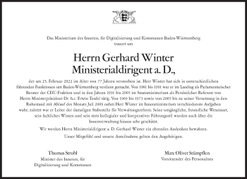 Traueranzeige von Gerhard Gerhard von Stuttgarter Zeitung / Stuttgarter Nachrichten