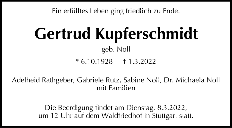  Traueranzeige für Gertrud Kupferschmidt vom 05.03.2022 aus Stuttgarter Zeitung / Stuttgarter Nachrichten